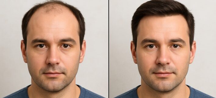 before and after of a hair transplant in man